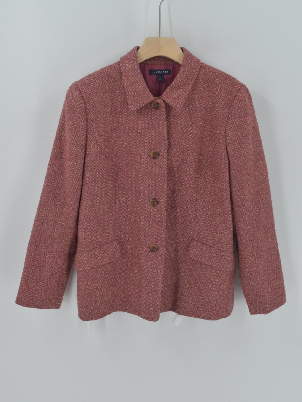 Lands End Women 12P Herringbone Wool Blazer Coat Mauve Pink Tweed Jacket Petite